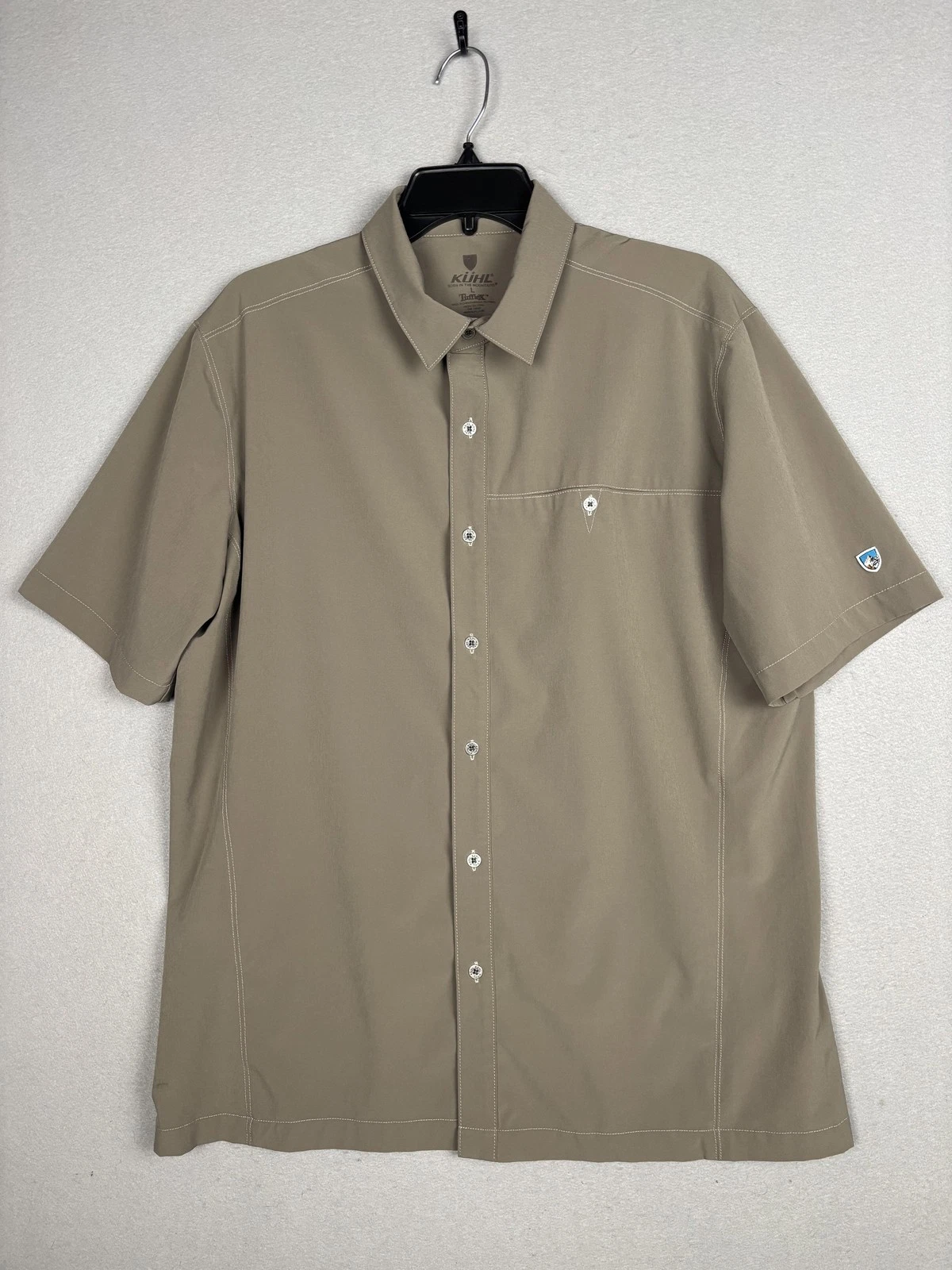 Kuhl Shirt Mens Large Brown Solid Short Sleeve Button Up Stretch Outdoor Hiking