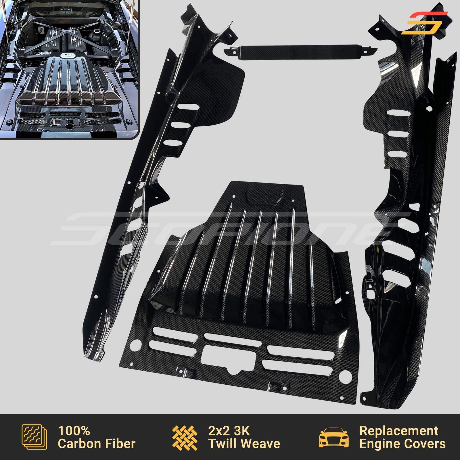 Scopione Carbon Replacement Engine Bay Covers Trim Kit for Lamborghini Huracan