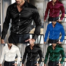 Satin Silk Mens Long Sleeve Casual Shirt Disco Club Wedding Party Button Down
