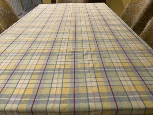 CRATE AND BARREL XL PLAID YELLOW, BLUE, WHITE,  RED COTTON TABLECLOTH 60” X 120