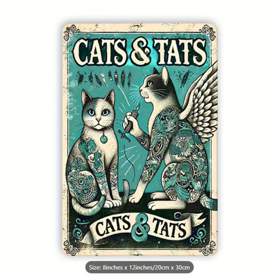 Retro Metal Sign Cats & Tats Vintage Style 12'' x 8'' Home Decor