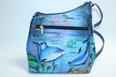Anna by Anuschka Hand Painted Dolphin Leather Cross Body Shoulder Purse Bag NWT