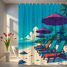 Beach Theme Shower Curtain with Colorful Chairs and Umbrellas