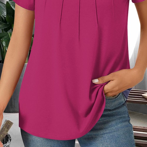 Womens Pleated Short Sleeve Tunic Tops Summer Round Neck Loose T Shirt Blouse - Picture 11 of 27