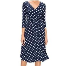 Janette Fashion Navy White Polka Dot Faux Wrap Knee Length Dress