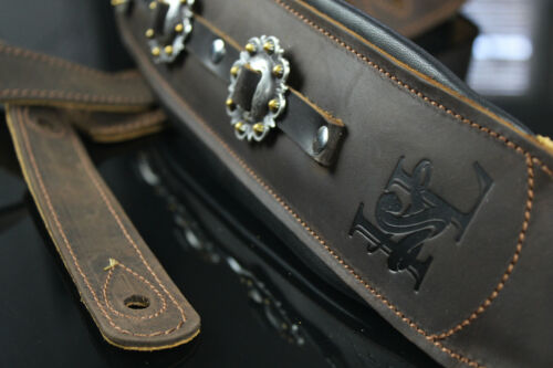 Iconic CUSTOM SHOP Conchos 3.25" Brown Leather Padded Guitar Bass Strap #1 - Picture 7 of 11