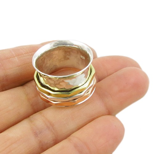 925 Sterling Silver Fidget Ring Mixed Metals Copper Circle Spinning Ring Size N - Picture 5 of 5