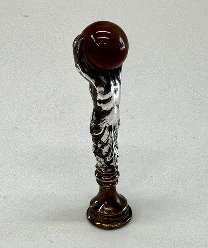 Antique silvered bronze wax seal depicting a "Greek man with agate ball" - Picture 4 of 16