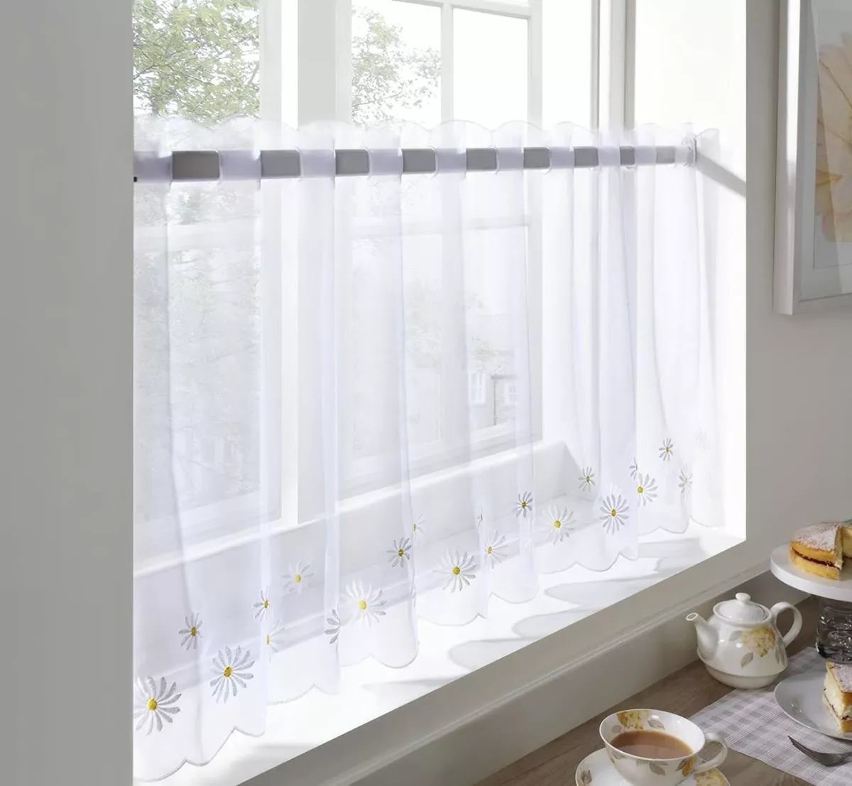 Kitchen Voile Cafe Net Embroidered Ready Made Curtain Panel 7 Designs 5 Drops