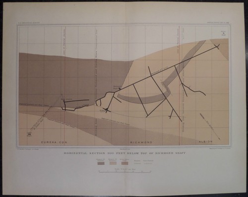 Karte Eureka Nevada Bergbaugebiet 1883 Richmond Schacht horizontale Ansicht Geologie - Bild 1 von 2