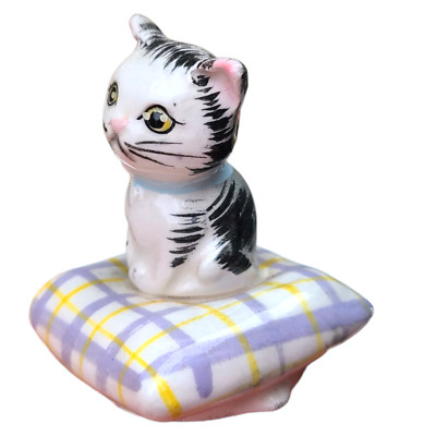 Vintage CAT Kitten Figurine on Plaid Cushion Ceramic JAPAN Miniature Cute Sweet