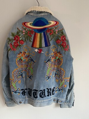 Mens GUCCI Shearling Lined Denim Jacket With Embroidery & Patches