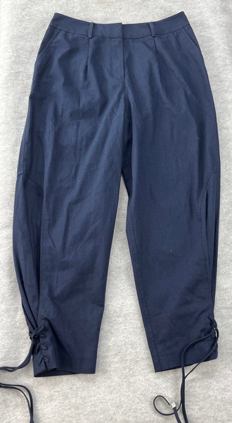 WITCHERY SIZE 10 WOMENS NAVY COTTON BARREL LEG CROPPED PANTS LACE UP CUFFS WORK