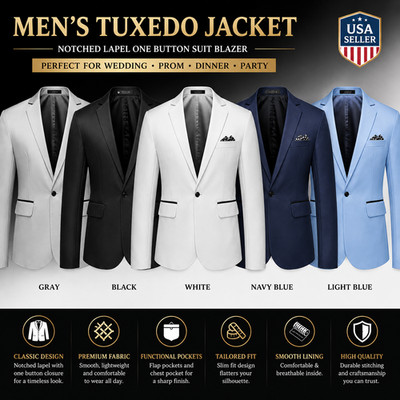 Men's Tuxedo Jacket Notched Lapel One Button Suit Blazer for Dinner Wedding Prom