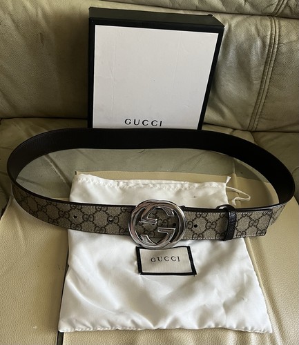 GUCCI 114984 Supreme GG Interlocking Buckle Brown Canvas Leather Belt 100/40