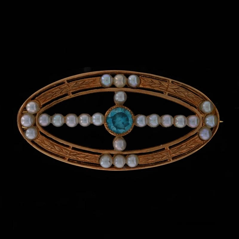 Broche eduardiano perlas semillas circonitas azules oro amarillo - prendedor redondo de 0,30 quilates 14 k Foto 3 de 4