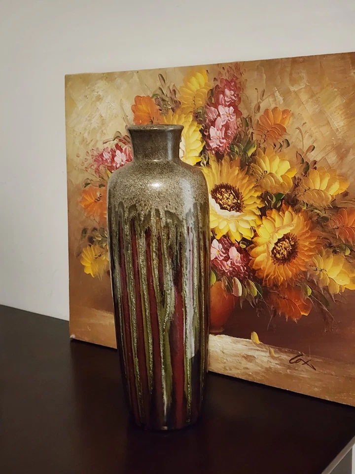 Jarrón Pier One Imports cerámica esmalte por goteo marrón y verde cilindro de 13,5” de alto Foto 2 de 4