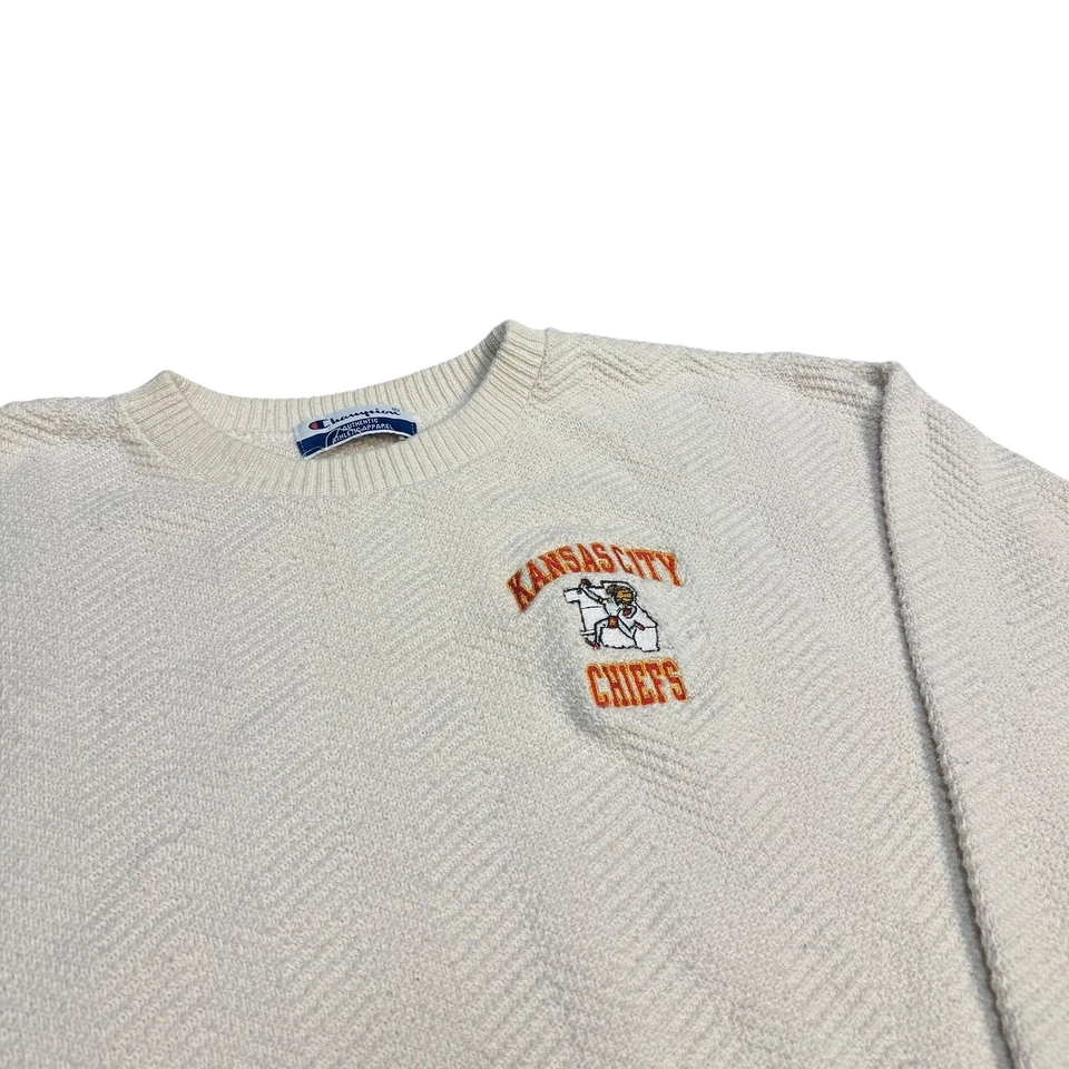 Suéter Vintage Campeón Kansas City Chiefs Bordado NFL Cuello Redondo Crema L XL Foto 2 de 4