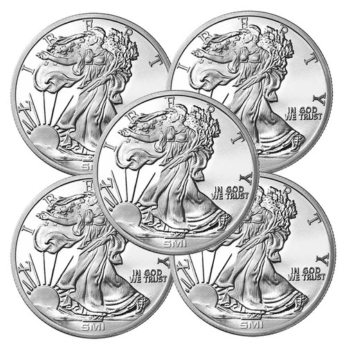 Lot of 5 - 1 Troy oz Sunshine Mint Walking Liberty Design .999 Silver Round