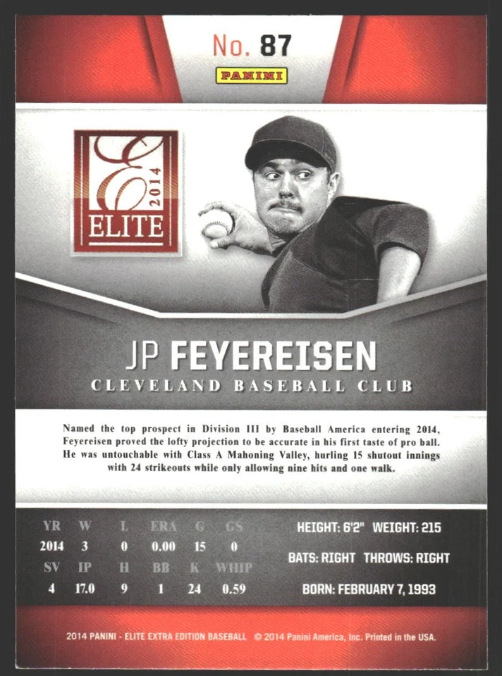 JP Feyereisen #87 2014 Panini Elite Extra Edition Cleveland Indians - Image 2 of 2