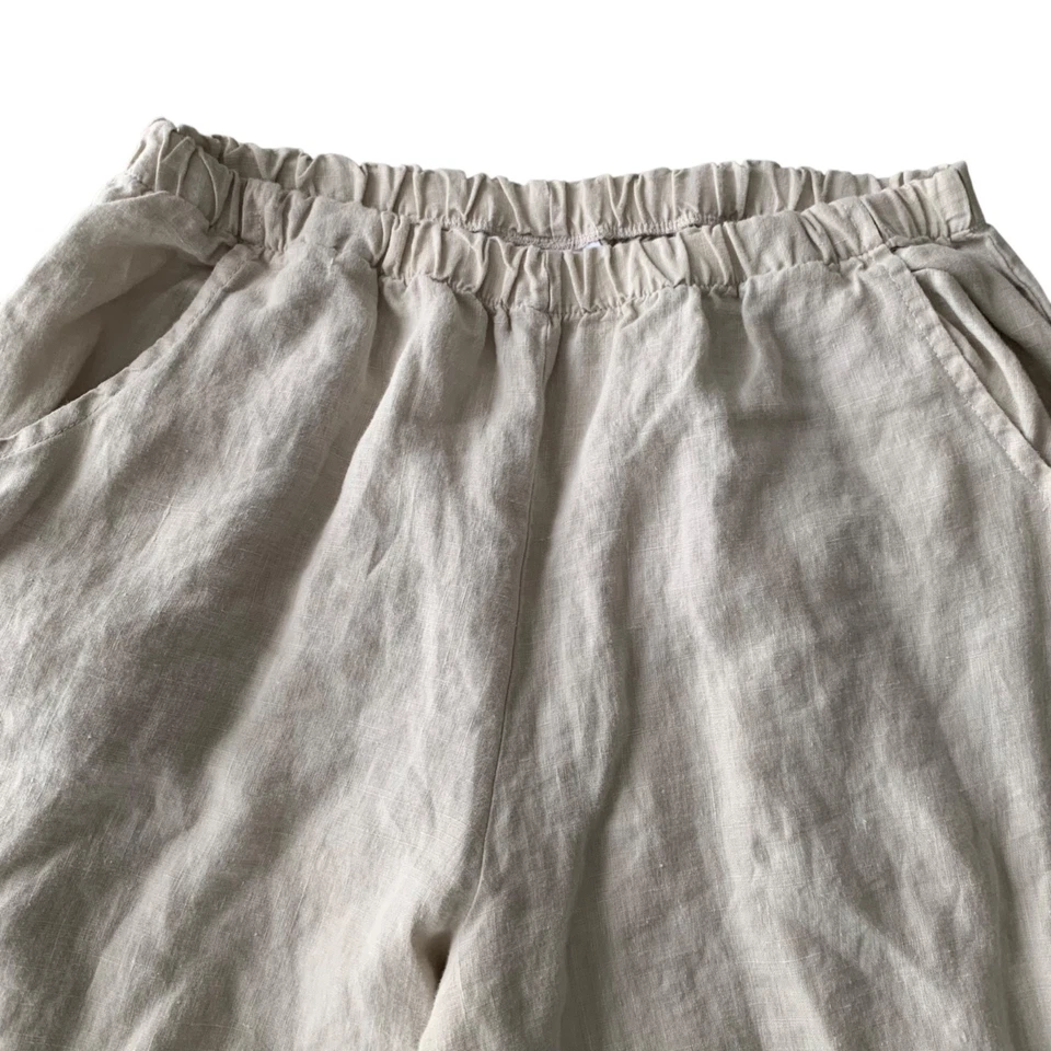 Pantalones capri Bryn Walker para mujer de lino tostado con volantes S boho neutro hippy vacaciones Foto 4 de 4