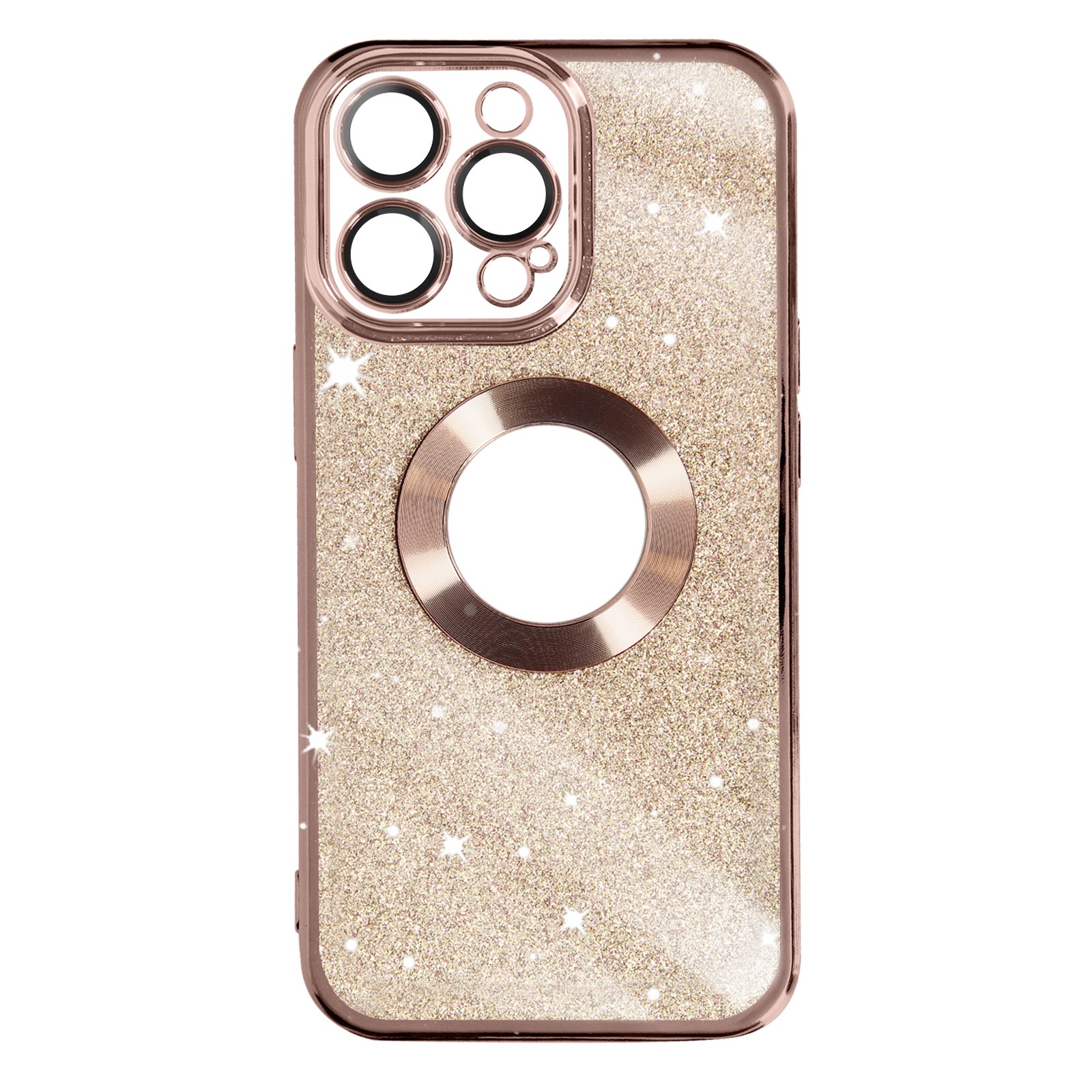 Coque pailletée iPhone 13 Pro premium or rose à bordure chromée chic