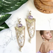 Gold Purple Rhinestone Dangle Chain Earrings Whimsigoth Baroque Jewelry Gift NEW