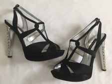 NINA Black Reflectiv Platform Dress Sandals Crystal Heels 8.5 M Box Dust Bag
