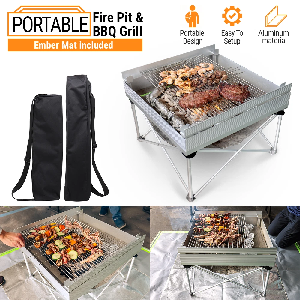 Large Portable Folding Charcoal BBQ GrBBill with Firepit Mat for Outdoor Camping