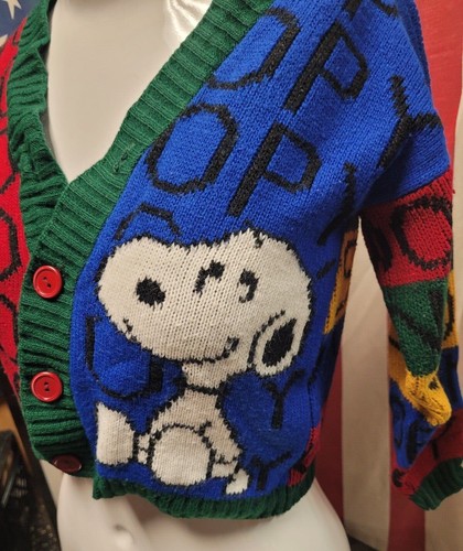 VTG Kids Youth Small Snoopy Allover Print Wild Knit Cardigan Sweater Peanuts JJ - Picture 3 of 4