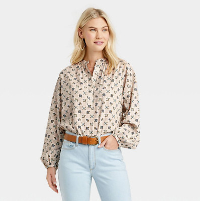 Women's Long Sleeve Balloon Poet Blouse Universal Thread, Cream Floral, Small
