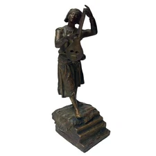 Cast Bronze Sculpture of Musician Playing Lute or Domra Eastern European 13 Inch