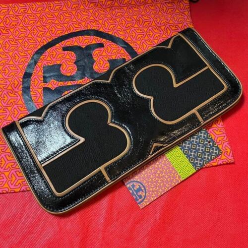 Auth TORY BURCH Canvas & Leather clutch bag Magnetic closure Black EUC - Picture 1 of 9