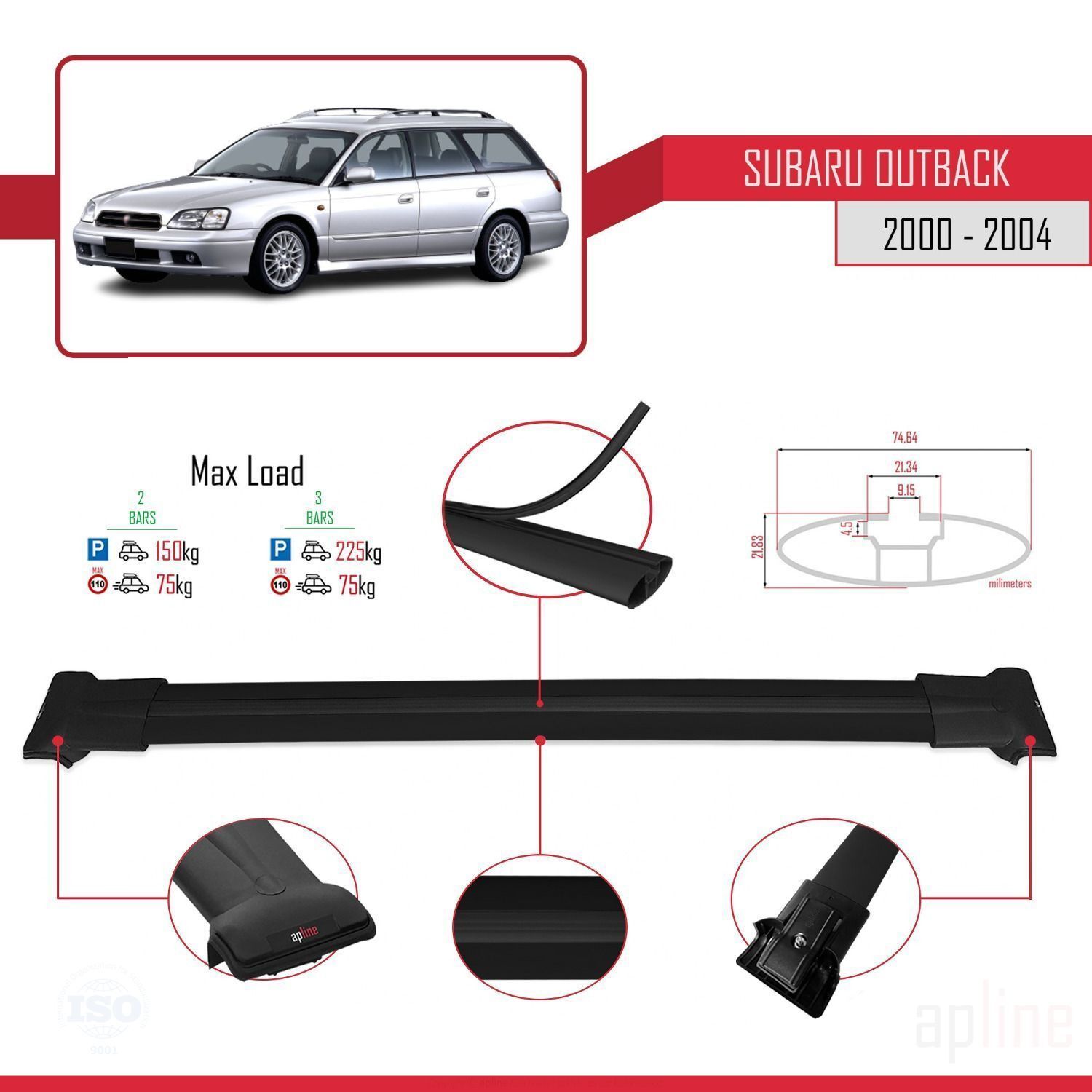 Barres de toit Subaru Outback 2000-2004 - Modèle FLY en aluminium noir