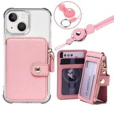 Phone Wallet Stick On Leather Card Holder with Zipper Coin Pocket for iPhone