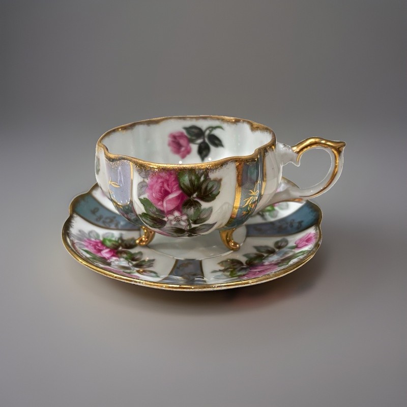 Napco Hand Painted Floral Porcelain Tea Cup & Saucer Set w/ Gold Trim