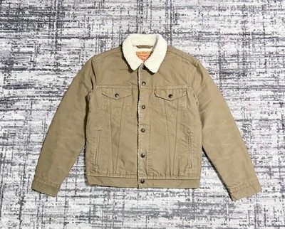 Levis Type III Trucker Jacket Sherpa Lined Cotton Canvas Khaki Men s Size S