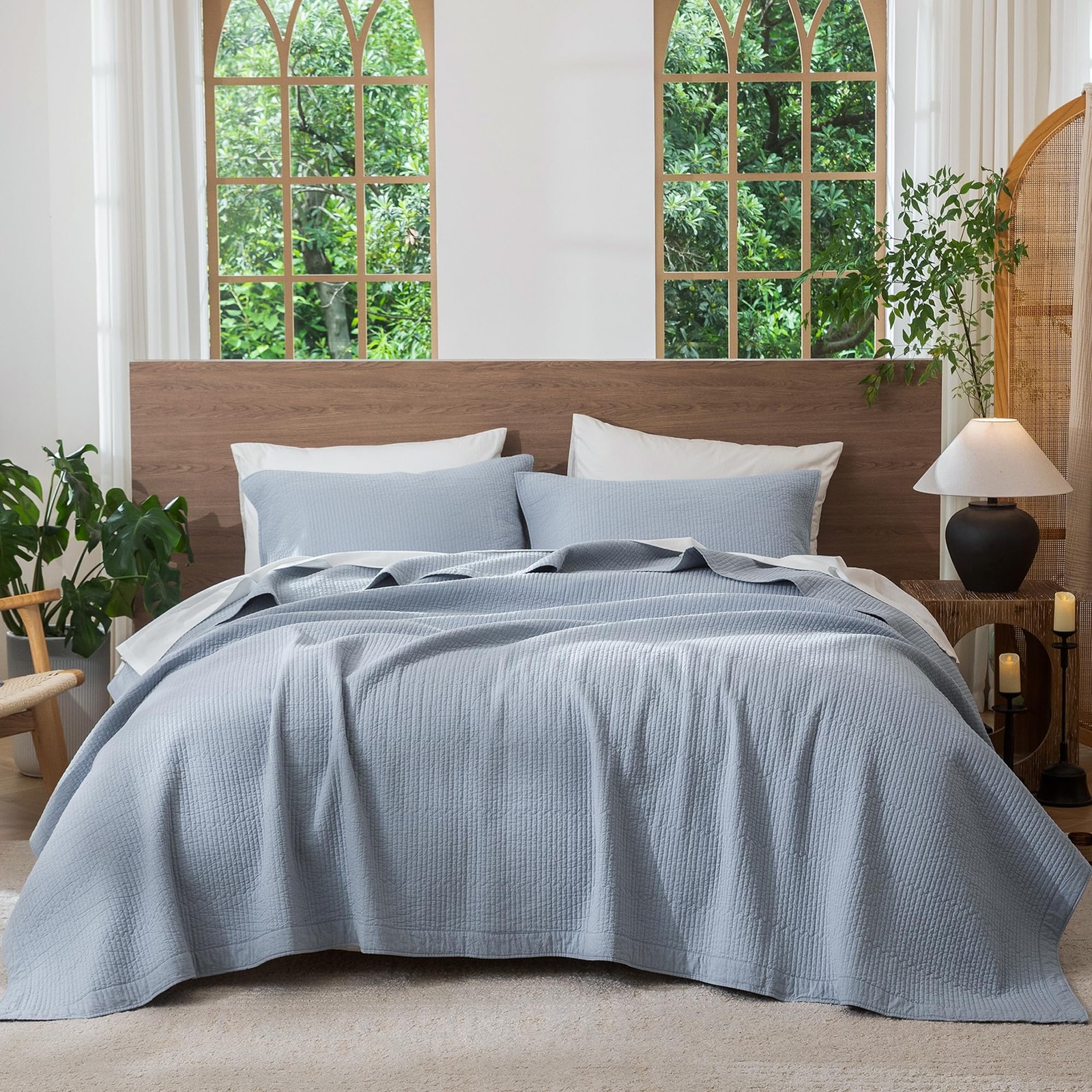 Stripe Stitch Quilt Set 100% Washed Cotton Coverlet Bedspread Linen Like with...