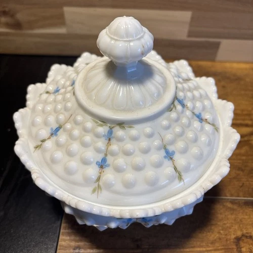 Vintage Fenton White Hobnail Milk Glass Pedestal Candy Dish and Lid 6.5" Tall