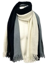 DONNI Tri-Color Fringe Scarf Black Gray Cream Oversized Wrap Shawl Acrylic