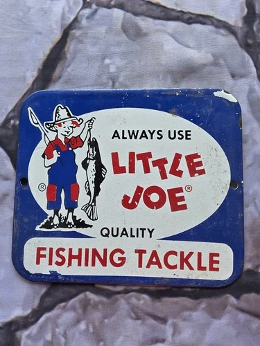 VINTAGE LITTLE JOE TACKLE FISH LURE PORCELAIN SIGN GAS OIL CAR TRUCK 7"×6".