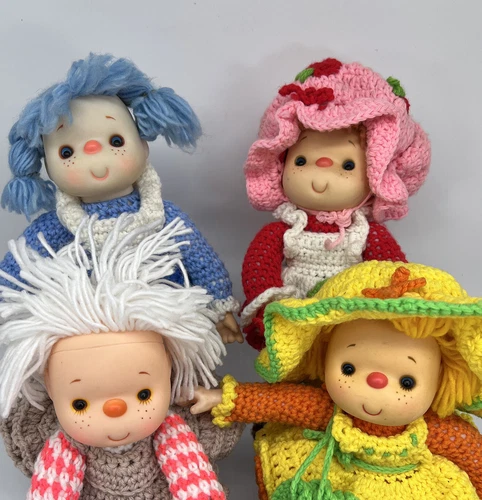 4 Vintage STRAWBERRY SHORTCAKE CROCHET DOLLS Lemon Blueberry Choc Chip 12" 1980s