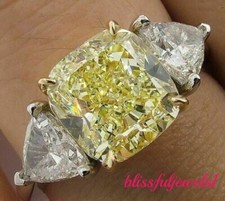 5CT Cushion Cut Genuine Citrine Wedding 3-Stone Ring Women's 14K 2-Tone Gold FN