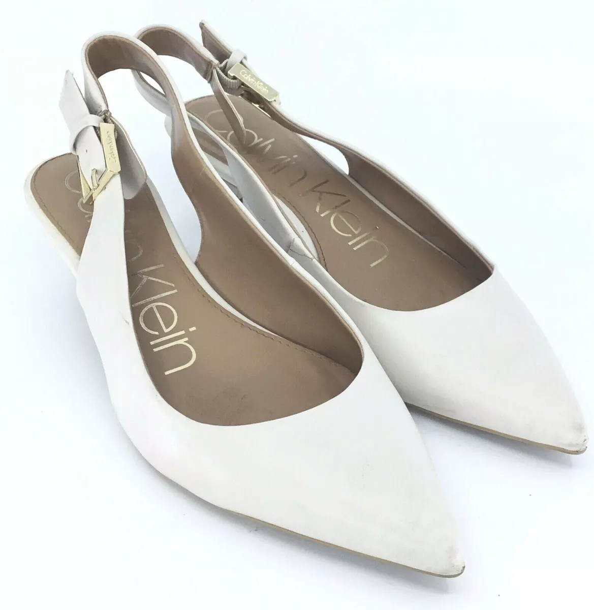 Calvin Klein Lara 2 Pump Womens 7.5 Beige Pointed Toe Buckle Slingback Heel Shoe