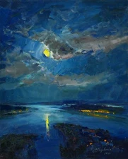 Moon landscape Original painting IMPRESSIONISM Oil on panel by A. Onipchenko