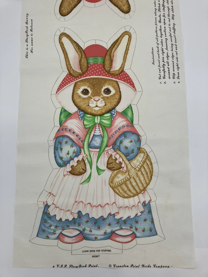 Vintage Story Book Bunny Rebecca Craft Fabric Panel Easter Cut N Sew Pillow Toy - Image 3 of 4