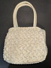 VTG 50s 60s Woven Raffia Purse White Straw Hinged Hand Bag Spring Easter Italy