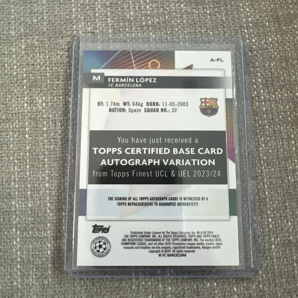 2023/24 TOPPS FINEST UEFA A-FL FERMIN LOPEZ AUTO RC FC BARCELONA 
