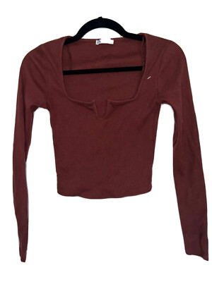 Zara Crop Top Long Sleeve Ribbed Brown Square Neckline V Accent