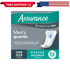 Assurance Men's Guards, Maximum Absorbency, One Size Fits All, 52 Count, White